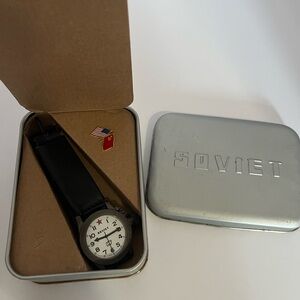 Soviet Black Leather Watch with Tin Box